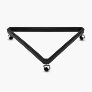 Black steel triangular 3 way gridwall base with casters for retail display panels and merchandising setups