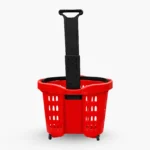 A rear view of a red plastic shopping basket on wheels, showing the long black telescoping pull handle fully extended.