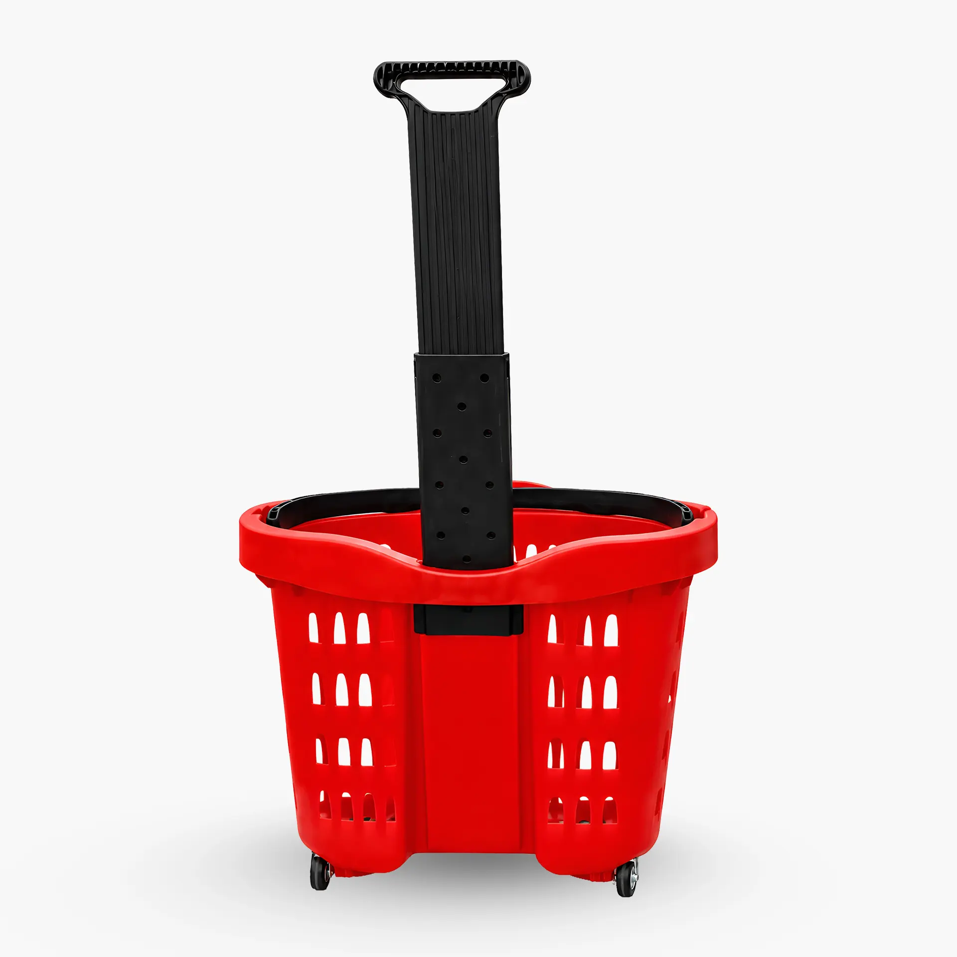 A rear view of a red plastic shopping basket on wheels, showing the long black telescoping pull handle fully extended.