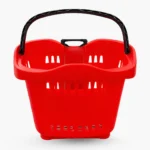 Front view of a bright red plastic shopping basket featuring a black carrying handle and perforated sides for visibility.
