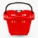 Front view of a bright red plastic shopping basket featuring a black carrying handle and perforated sides for visibility.
