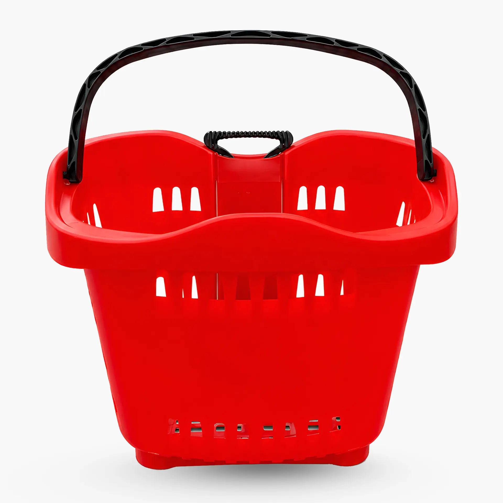 Front view of a bright red plastic shopping basket featuring a black carrying handle and perforated sides for visibility.