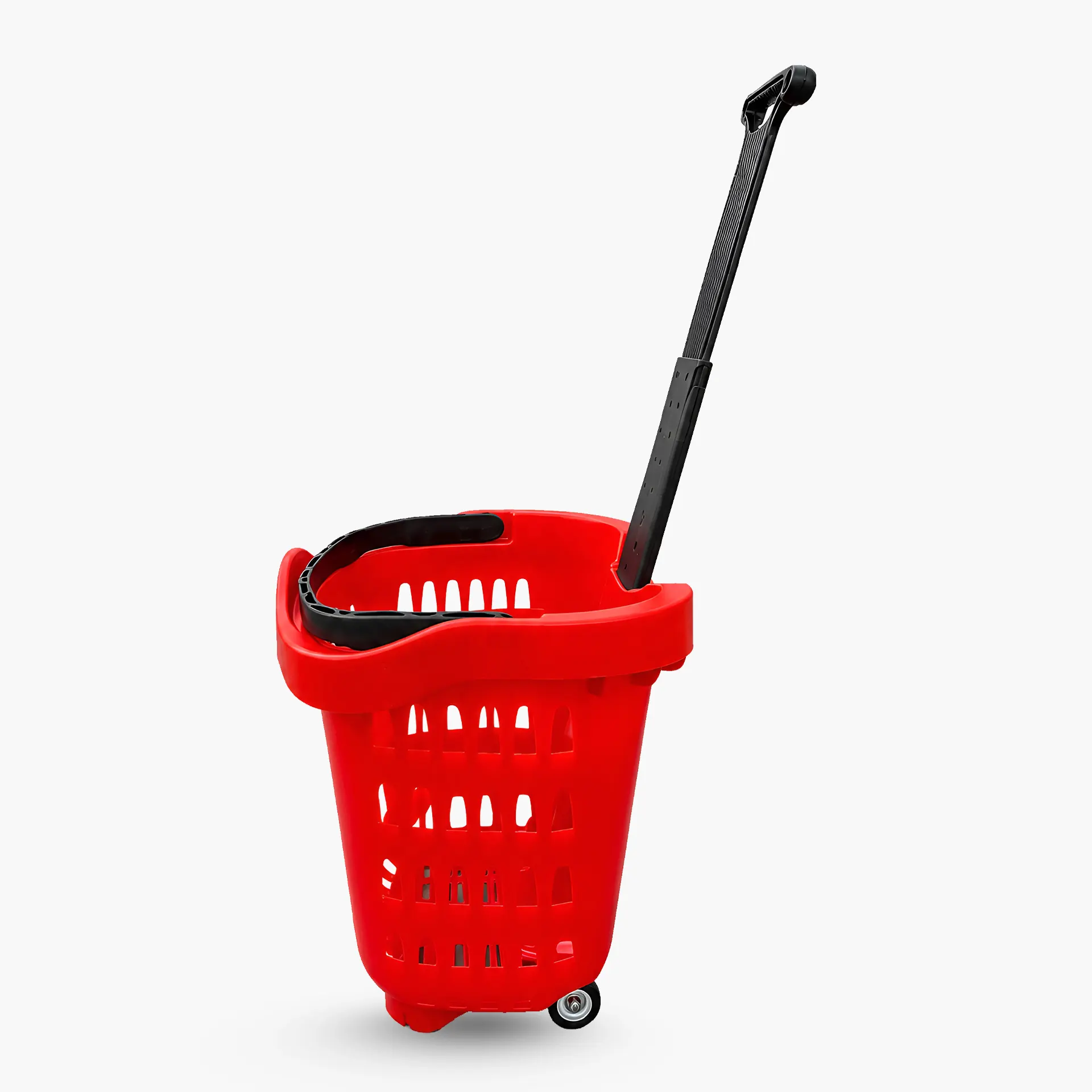 A side profile view of a red plastic rolling shopping basket with its black telescoping handle extended at an angle for pulling.