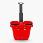 Front view of the red rolling shopping basket with the black telescoping pull handle extended and the carrying handles resting on the rim.