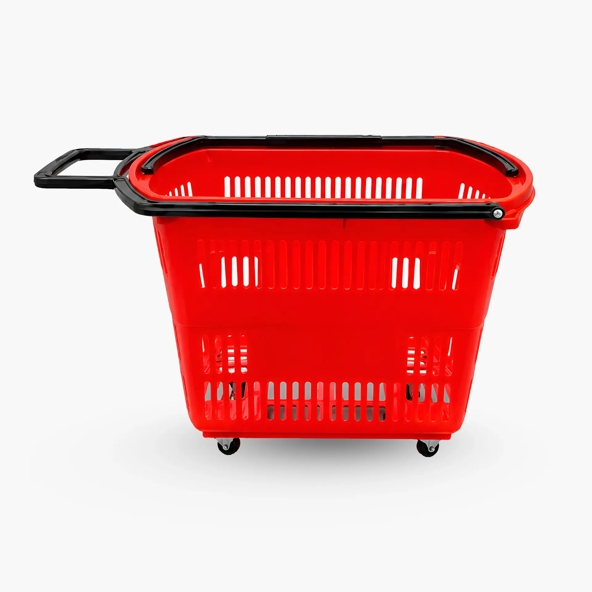 A side profile of a red plastic shopping basket featuring four wheels and a long black pull handle extended horizontally for easy towing.