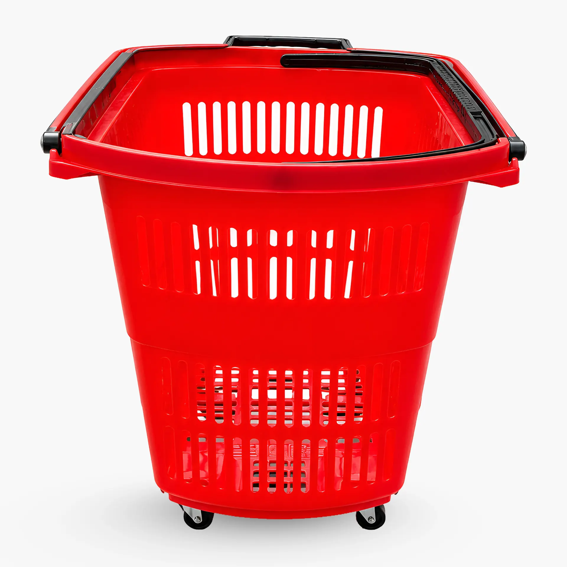 A front-facing view of a red plastic shopping basket on four wheels, showing the perforated design and black carrying handles folded against the rim.