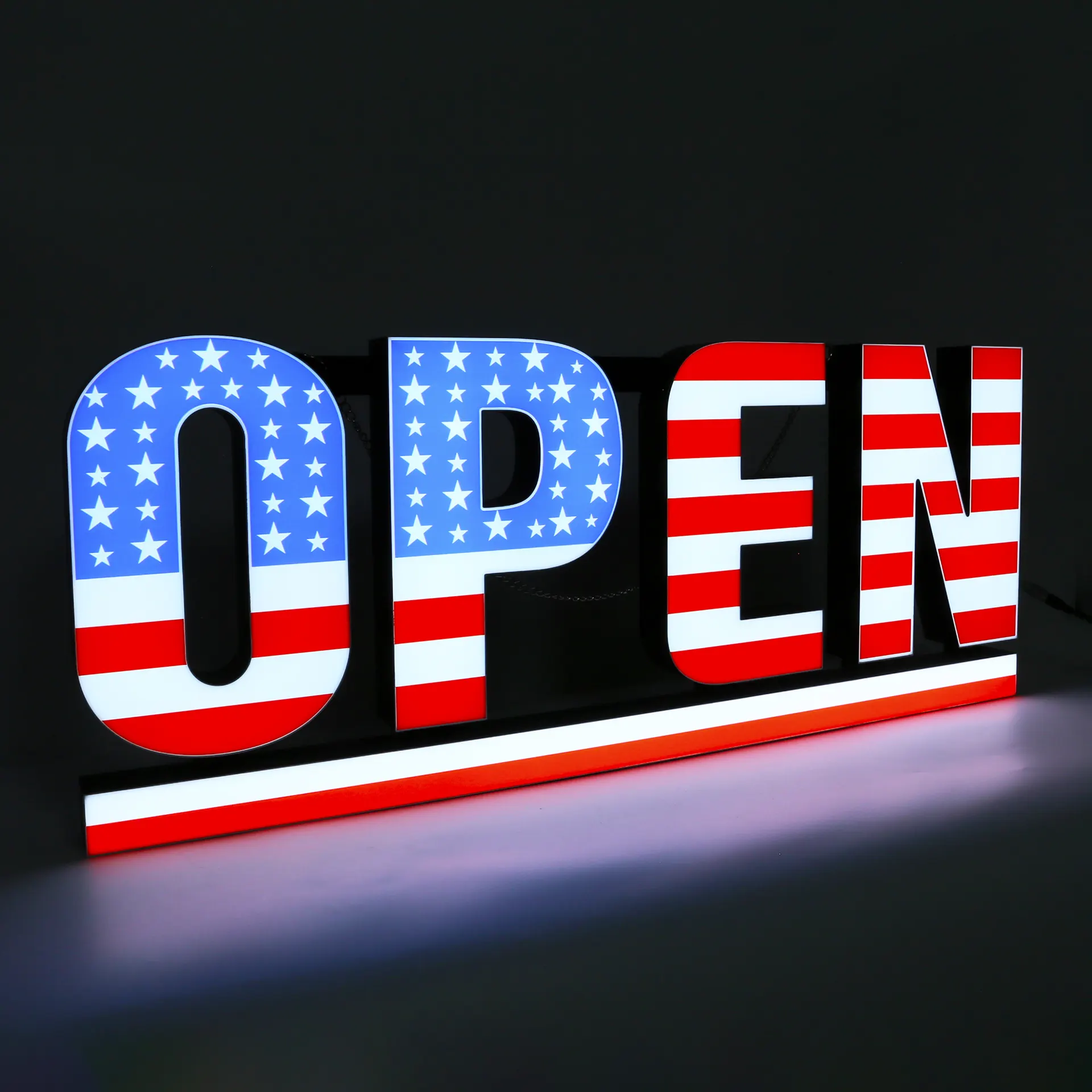 USA Stars & Stripes OPEN LED Sign showing side angle and plastic construction